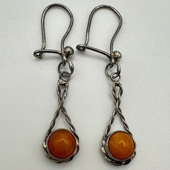 Antique vintage 800 silver Butterscotch egg yolk amber hook drop dangle earrings - Picture 6 of 10